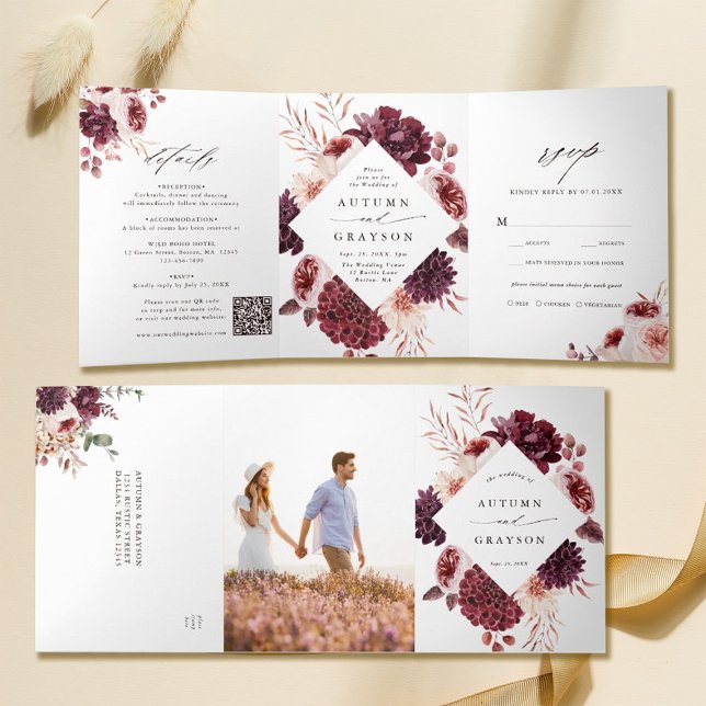 Invitation Trois Volets QR Code Automne Romance Aquarelle Mariage Floral (Inside & Outside)