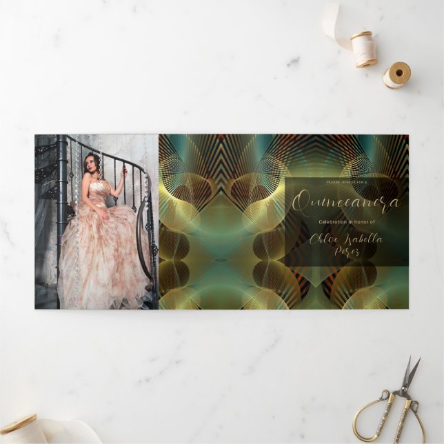 Invitation Trois Volets Quinceanera en or contemporain (Extérieur)