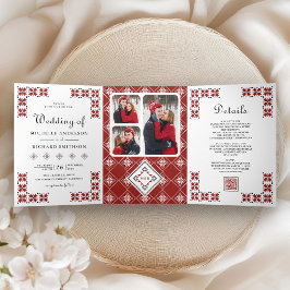 Invitation Trois Volets Red and Black Ukrainian Embroidery QR Code Wedding
