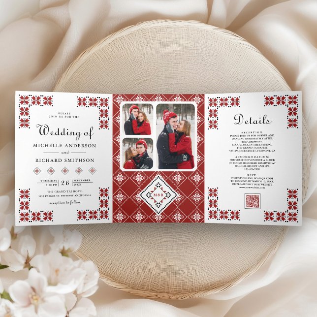 Invitation Trois Volets Red and Black Ukrainian Embroidery QR Code Wedding (Créateur téléchargé)