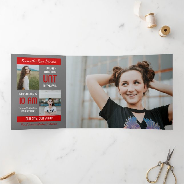 Invitation Trois Volets Red Modern Block 5-Photo Graduation (Intérieur)