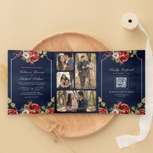 Invitation Trois Volets Red Roses Floral Frame Marine bleu QR Code Mariage