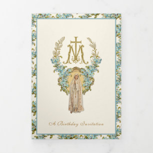 Invitation Trois Volets Religieux Anniversaire Vierge Marie Bleu Floral 