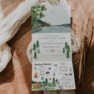 Invitation Trois Volets Résort de camping au bord du lac   Mariage illustr