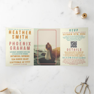 Invitation Trois Volets Retro Bold Bright QR Code photo tout en un Mariage