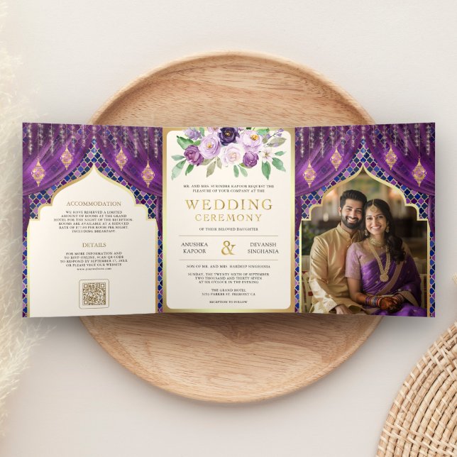 Invitation Trois Volets Rideau Floral d'or violet Mariage indien hindou (Créateur téléchargé)
