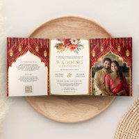 Rideau floral rouge or pour mariage indien hindou