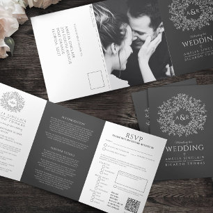 Invitation Trois Volets Robe de mariée une pièce gris charbon à monogramme