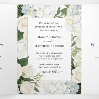 Invitation Trois Volets Romantique Blanc Hydrangea Rose Mariage élégant