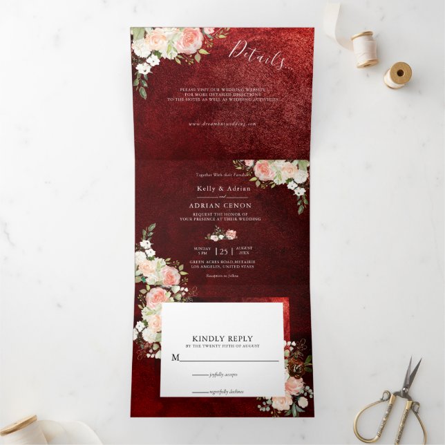 Invitation Trois Volets Romantique Bourgogne Blush rose mariage Floral (Intérieur)