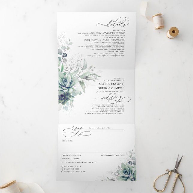 Invitation Trois Volets Romantique Elégant Argent Succulent Mariage de ver (Intérieur)