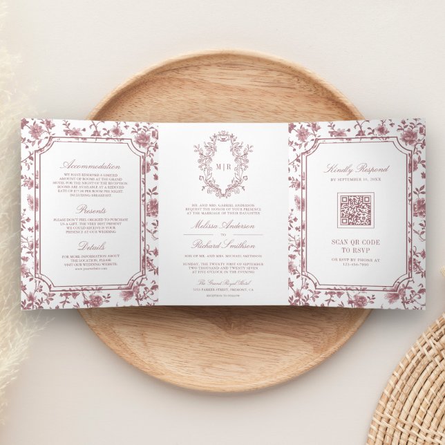 Invitation Trois Volets Rose blanc Dusty Chinoiserie Crest QR Code Mariage (Créateur téléchargé)
