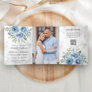 Invitation Trois Volets Rose Bleu Poussiéreux Photo Marbre Blanc Code QR M