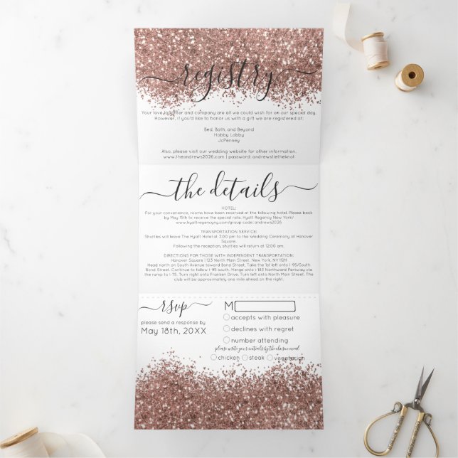 Invitation Trois Volets Rose Chic Gold White Parties scintillant Registre  (Intérieur)