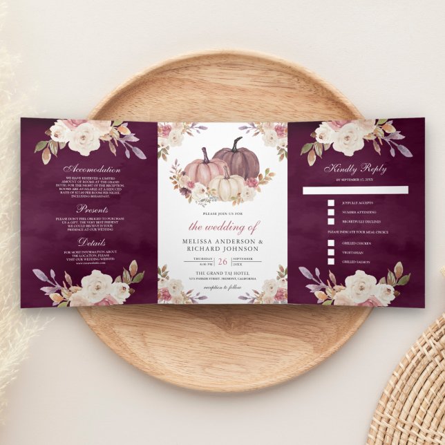 Invitation Trois Volets Rose Dusty rose Citrouille ivoire Floral Plum Mari (Créateur téléchargé)
