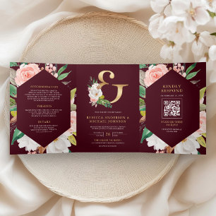 Invitation Trois Volets Rose Floral Esperluette Code QR Mariage Bourgogne