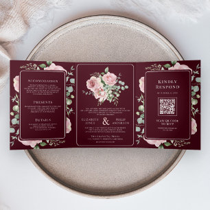 Invitation Trois Volets Rose Floral Eucalyptus Bourgogne Mariage