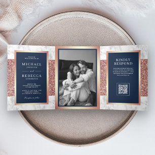Invitation Trois Volets Rose Gold Blanc Mariage Code QR Bleu Nuit