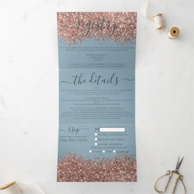 Invitation Trois Volets Rose Gold Dusty Blue Parties scintillant registre  (Intérieur)