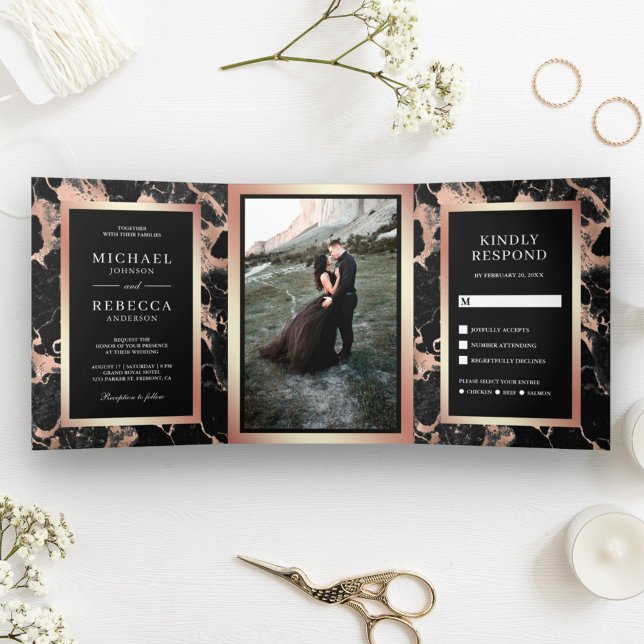 Invitation Trois Volets Rose Gold Foil Foil Noir Marbre Photo Mariage (Créateur téléchargé)
