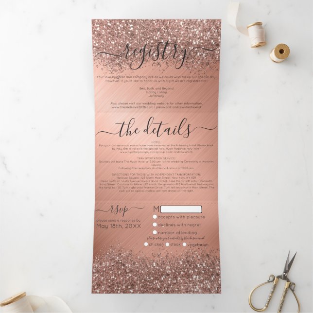 Invitation Trois Volets Rose Gold Pailleté Métallic Détail Registre RSVP (Intérieur)
