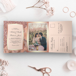 Invitation Trois Volets Rose Gold Pailleté Rose Marbre Tout en Un Mariage