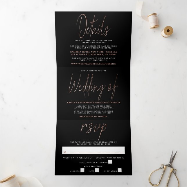 Invitation Trois Volets Rose moderne Gold Foil Script Mariage Suite (Intérieur)