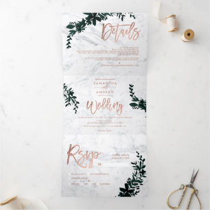 Invitation Trois Volets Rose or script Floral blanc marbre mariage
