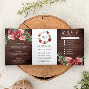 Invitation Trois Volets Rose Pâle et Floral Bourguignon Mariage en Bois de