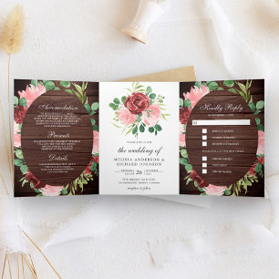 Invitation Trois Volets Rose Pâle et Floral Bourguignon Mariage en Bois de