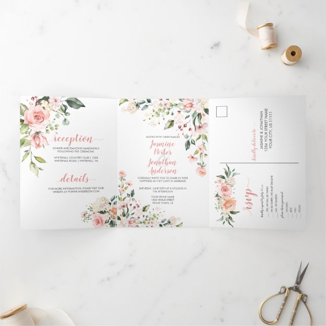 Invitation Trois Volets Rose, Pêche, Aquarelle blanche Mariage Floral (Intérieur)