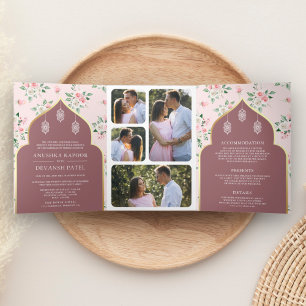 Invitation Trois Volets Rose Poussiéreuse Fleurs Rose Tenue de Mariage Ind