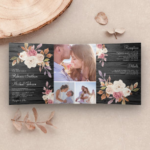 Invitation Trois Volets Rose Poussiéreuse Rose et Fleurs de Mariage en Boi