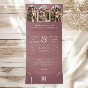 Invitation Trois Volets Rose Poussiéreux Arche Minimale Code QR de Photo d