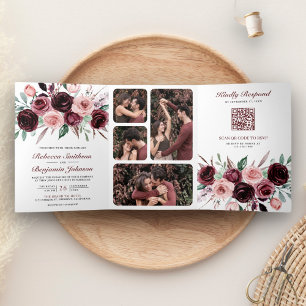 Invitation Trois Volets Rose Poussiéreux Bourgogne Floral Code QR Mariage