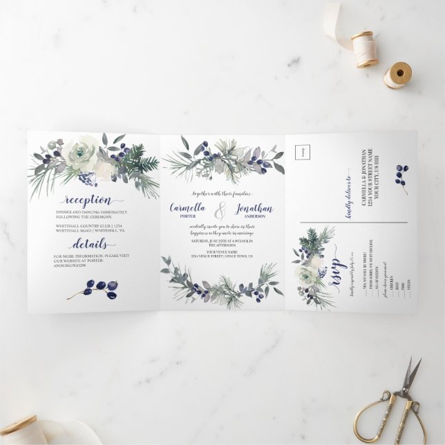Invitation Trois Volets Roses blanches, Baies Bleues, Aiguilles de pin Mar (Intérieur)