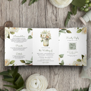 Invitation Trois Volets Roses Blanches Feuilles de Sauge Pot Mason Code QR