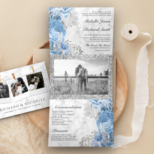 Invitation Trois Volets Roses bleu Dusty Floral Marbre blanc photo Mariage