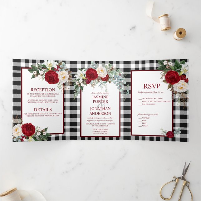 Invitation Trois Volets Roses bordeaux et blanches, Mariage de Buffalo (Intérieur)