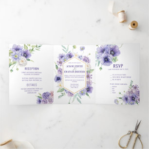 Invitation Trois Volets Roses d'anémones violets marguerites Hydrangeas Ma
