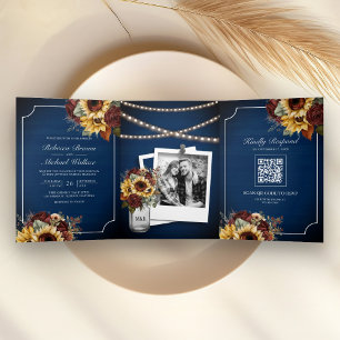 Invitation Trois Volets Roses de Bourgogne Sunflower Navy bleu QR Code Mar