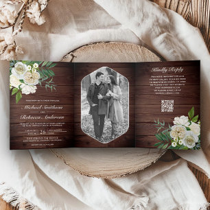 Invitation Trois Volets Roses d'Ivoire Code QR de Photo Botanique Bois Mar
