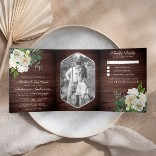 Invitation Trois Volets Roses d'Ivoire Photo Botanique Mariage Bois Rustiq