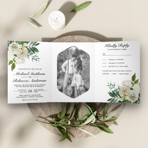 Invitation Trois Volets Roses d'Ivoire Photo Botanique Mariage Fleurs Blan