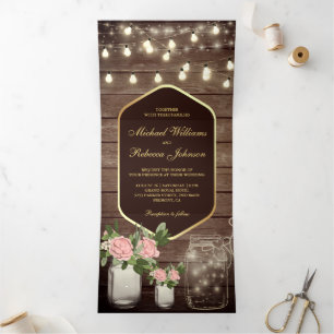 Invitation Trois Volets Roses Dusty Mason Jar String Lights Mariage