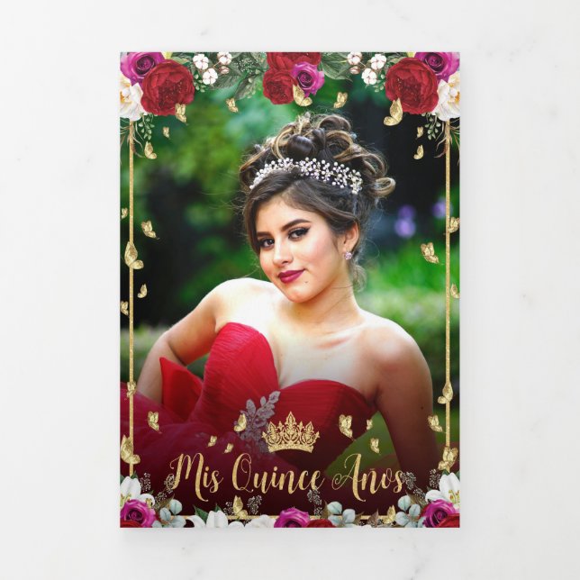 Invitation Trois Volets Roses Fuchsia Rouge Papillons Dorés Quinceañera (Page de couverture)
