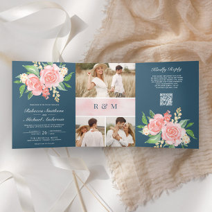 Invitation Trois Volets Roses Rose Pâle Photo Code QR Bleu Poussiéreux Mar
