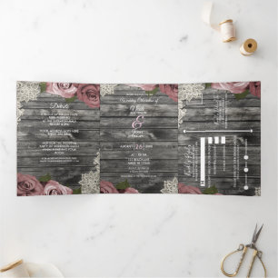 Invitation Trois Volets Roses rose poussiéreux et dentelle Bois gris rusti