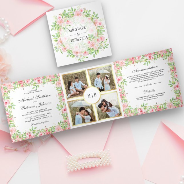 Invitation Trois Volets Roses rose vif Floral Photo Collage Mariage (Créateur téléchargé)