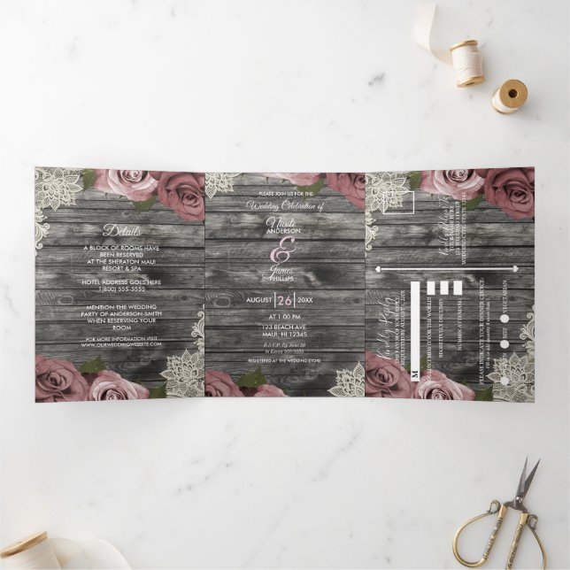 Invitation Trois Volets Roses Roses Roses Roses Roses Roses et dentelle Ma (Intérieur)
